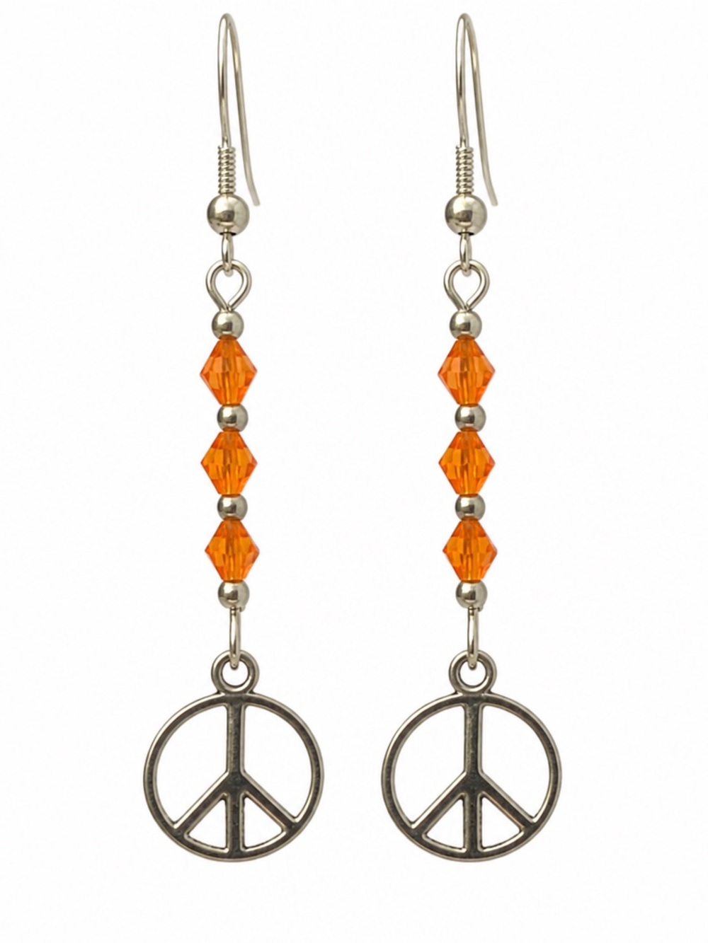 Silver Peace Sign Drop Earrings with Orange Crystal Beads